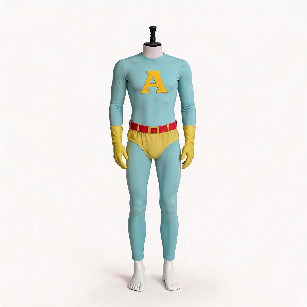 Ace from The Ambiguously Gay Duo in a teal superhero bodysuit with yellow A emblem