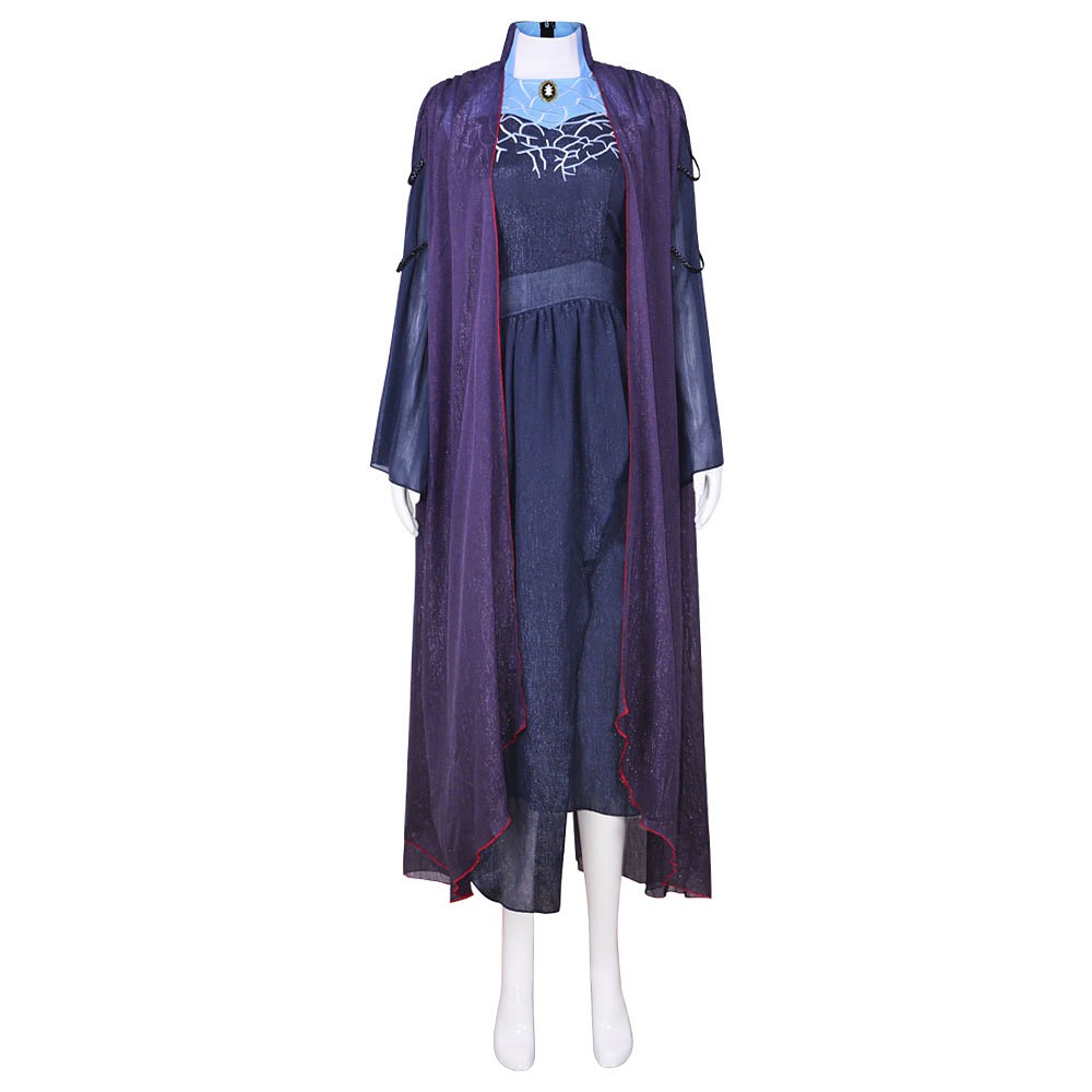 WandaVision Agatha Harkness purple sheer over-robe and navy embroidered dress with pale blue collar