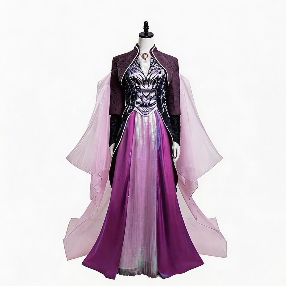 Agatha Harkness cosplay costume with purple gown, brocade jacket and sheer pink drapes