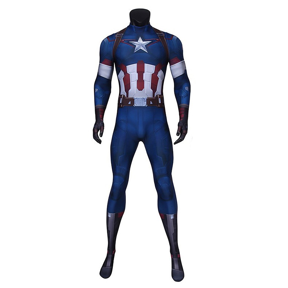 Age of Ultron Captain America printed jumpsuit with silver star, stomach stripes and brown harness details