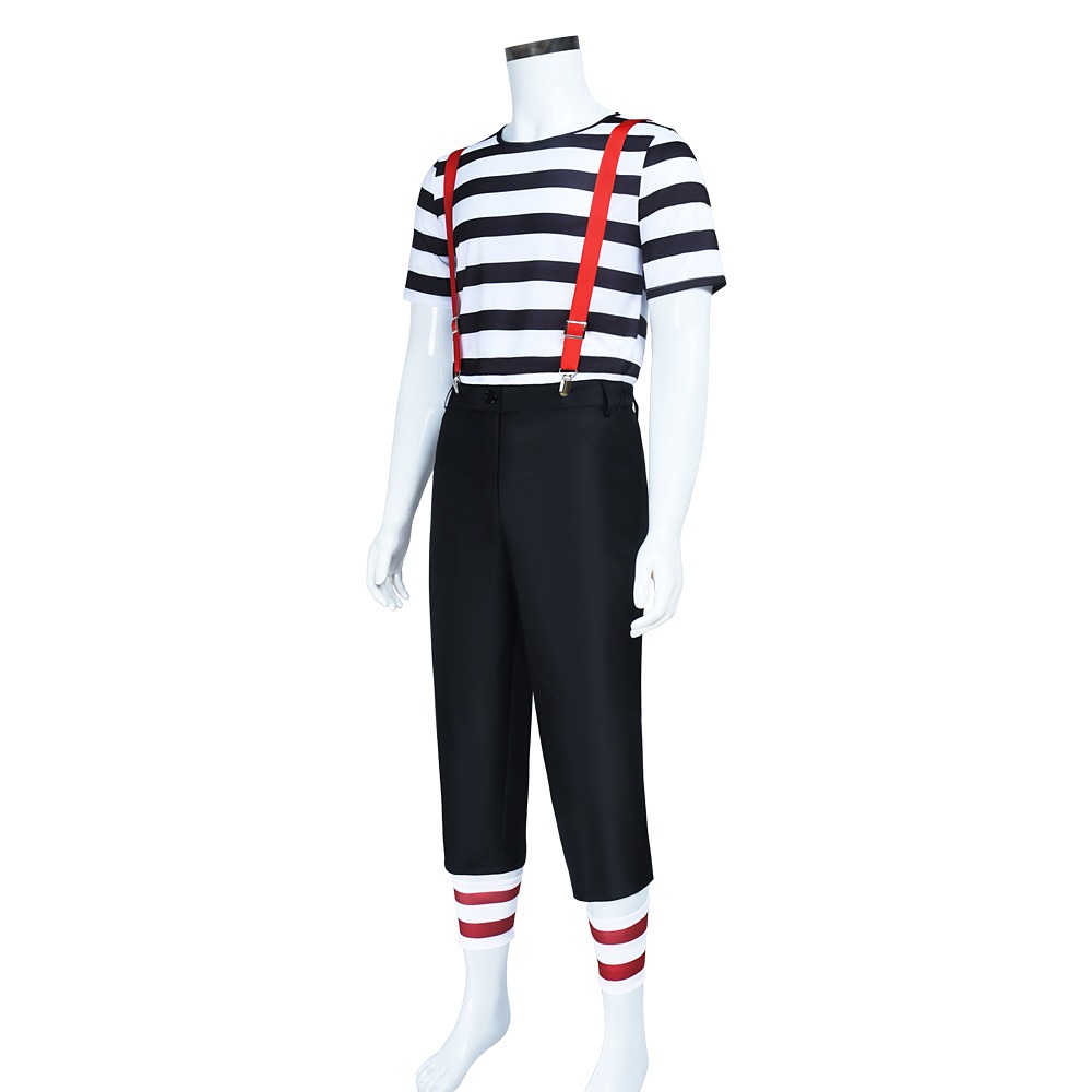 Tweedledum Tweedledee striped tee and red suspenders costume front view
