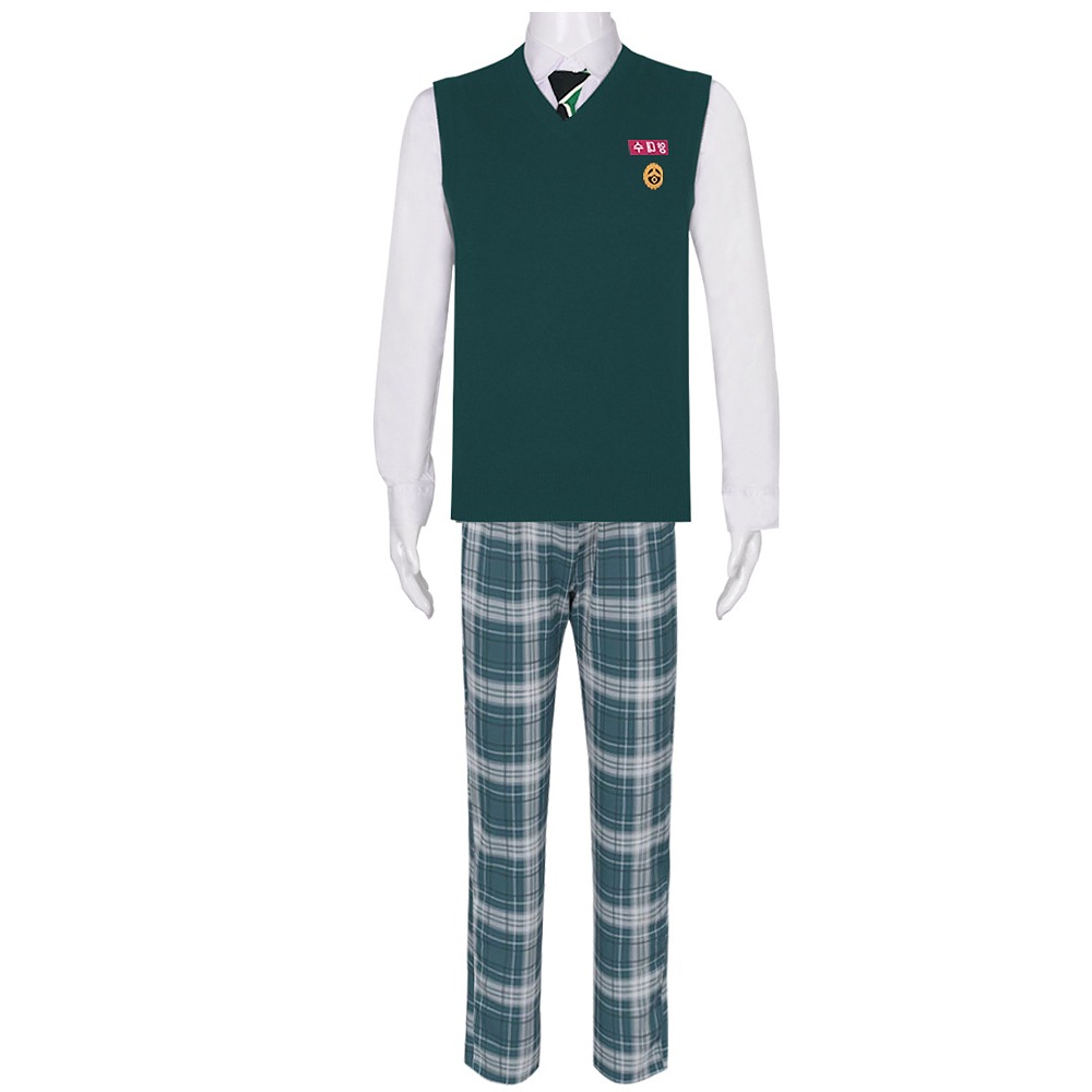 Men's Hyosan High School green knit vest, white shirt and plaid trousers from All of Us Are Dead