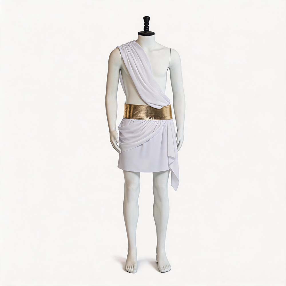 White one-shoulder toga costume for men with gold belt, front view