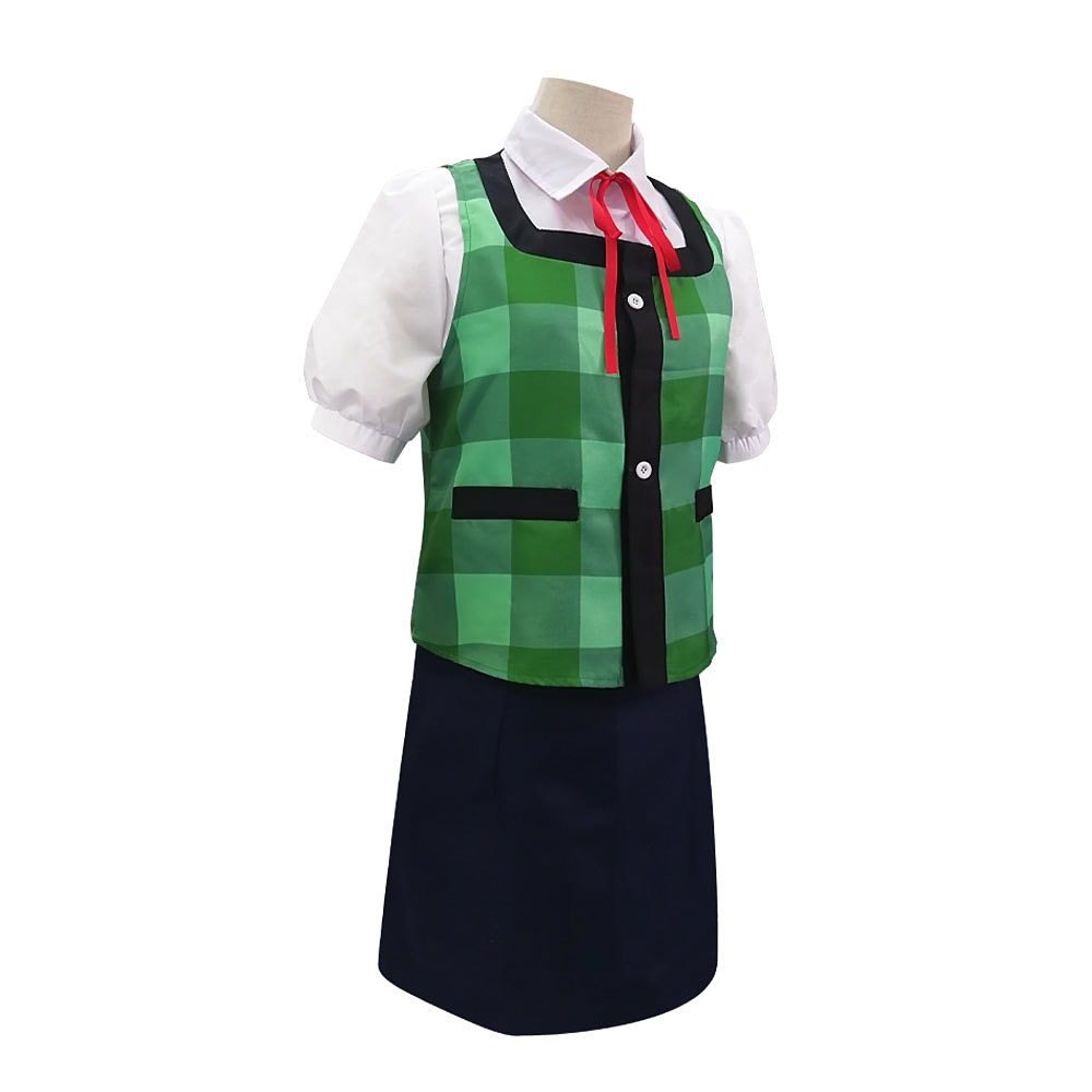 Animal Crossing Isabelle cosplay uniform with green plaid vest, white shirt, navy skirt and red ribbon tie