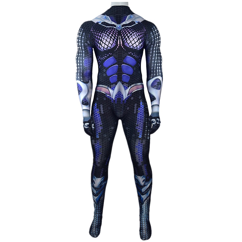 Aquaman dark blue Atlantean scale printed jumpsuit with violet-blue scales and silver trim
