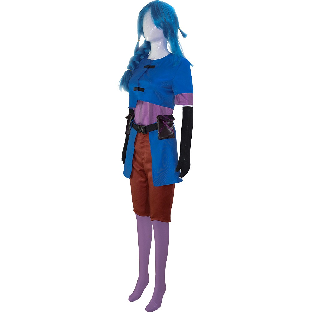 Young Jinx Arcane cosplay costume with blue top, striped shirt, red shorts, pouch and belt