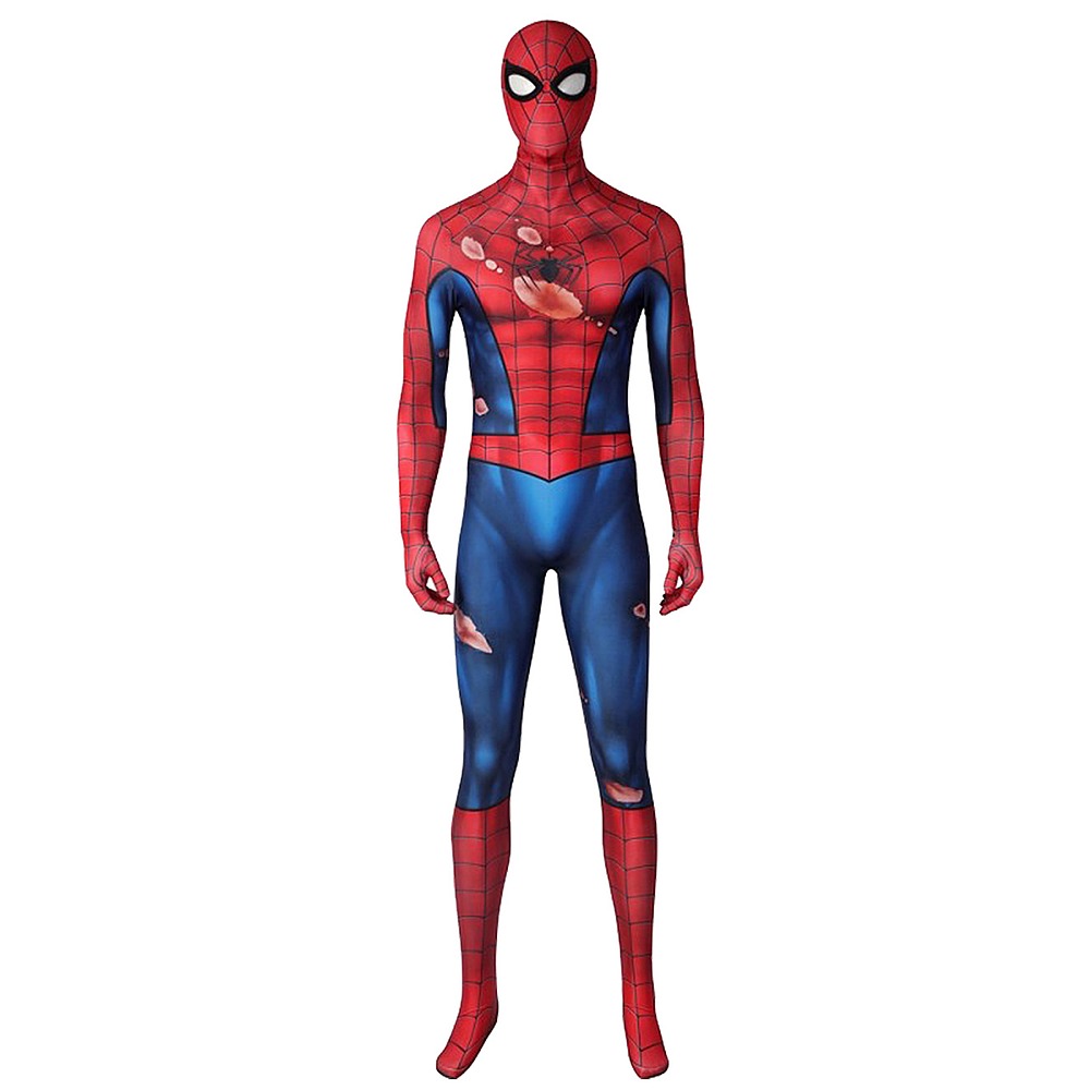 Spider-Man Damaged Suit red and blue cosplay jumpsuit with printed tears and mask