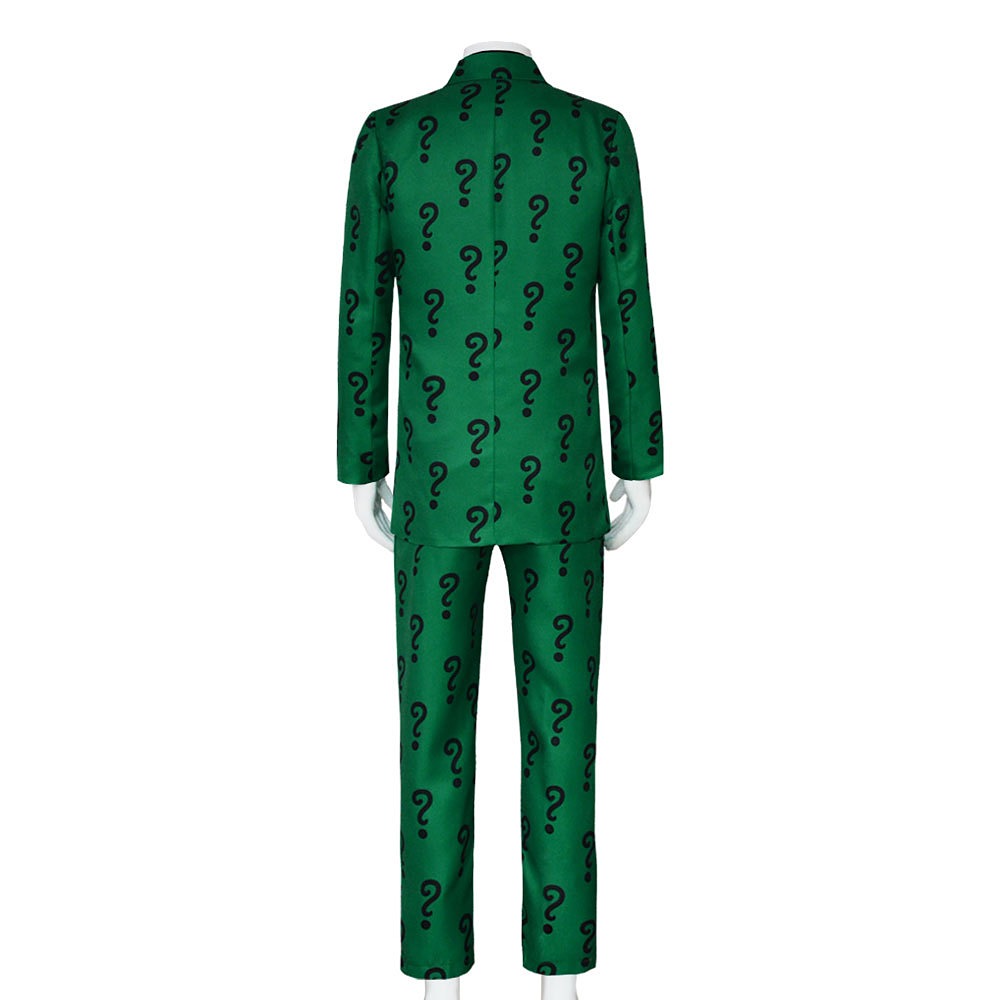Batman The Riddler green question mark suit set with waistcoat, shirt and tie, front view