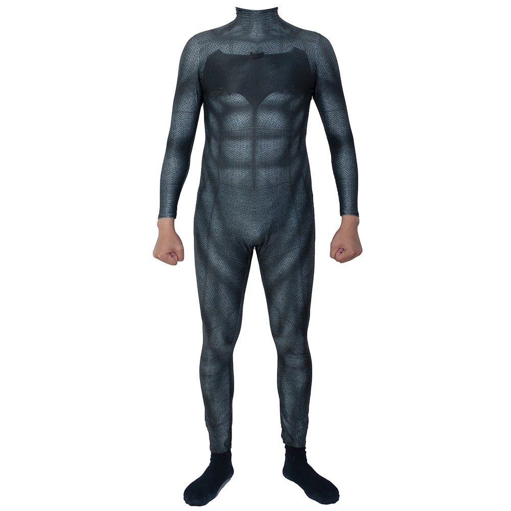 Front view of the adult dark grey Batman-style jumpsuit with bat logo
