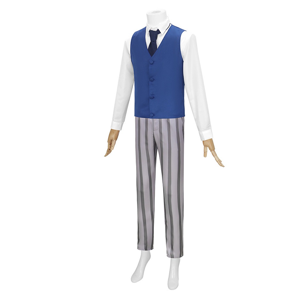 Beastars Legosi Cherryton school uniform with blue vest, white shirt, tie and striped pants