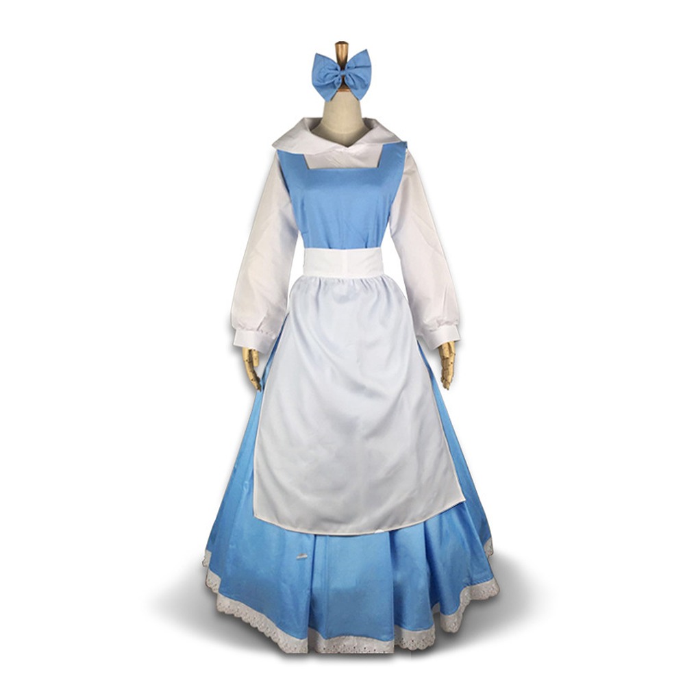 Belle blue village dress cosplay costume with white apron and hair bow