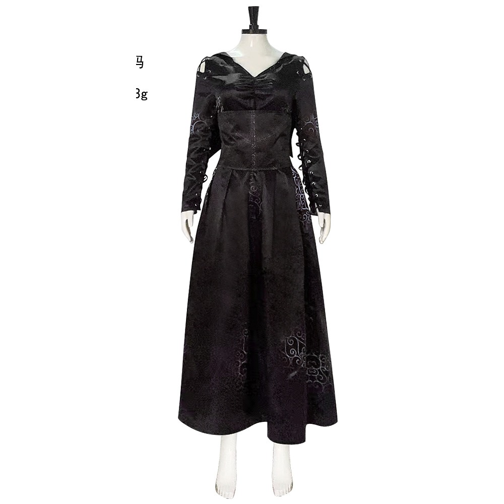 Bellatrix Lestrange black embroidered long dress with lace-up corset belt