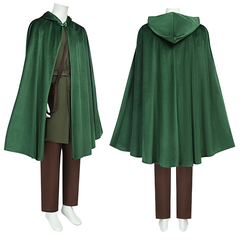 Bilbo Baggins full costume front and back with green hooded cloak, olive tunic, brown pants, shoulder bag and belt