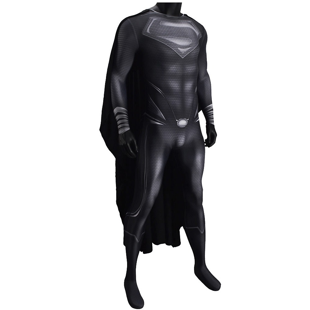 Black Superman cosplay bodysuit with silver-grey chest shield and black cape