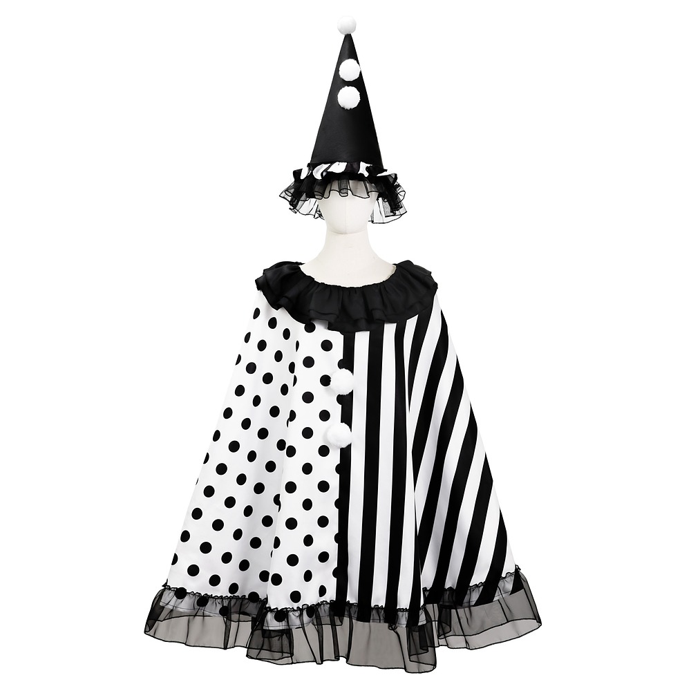Black and white clown witch cape with pointed hat, front view