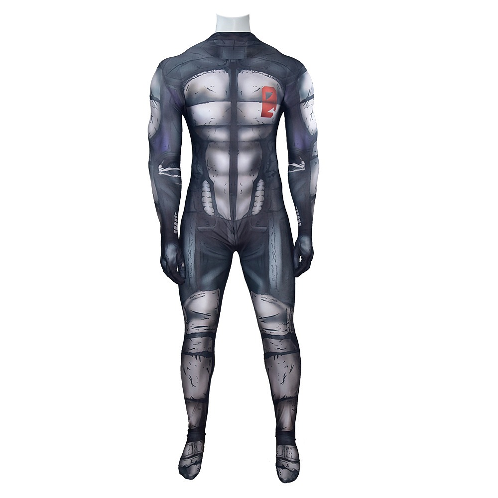 Dark grey Borderlands 2 Zer0 assassin jumpsuit with printed armour panels and a red chest emblem