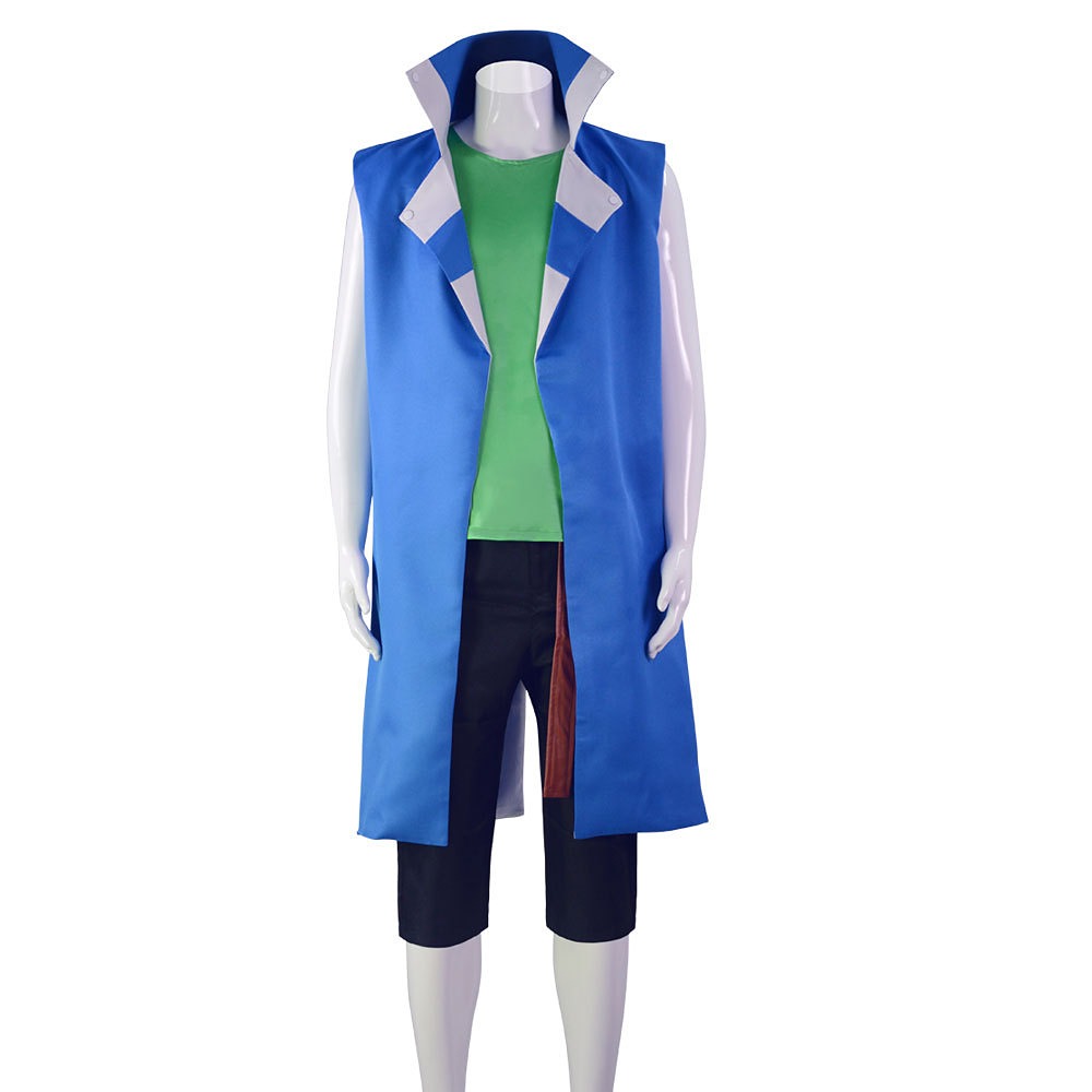 Boruto Kawaki cosplay costume with blue sleeveless coat, green top and black cropped pants