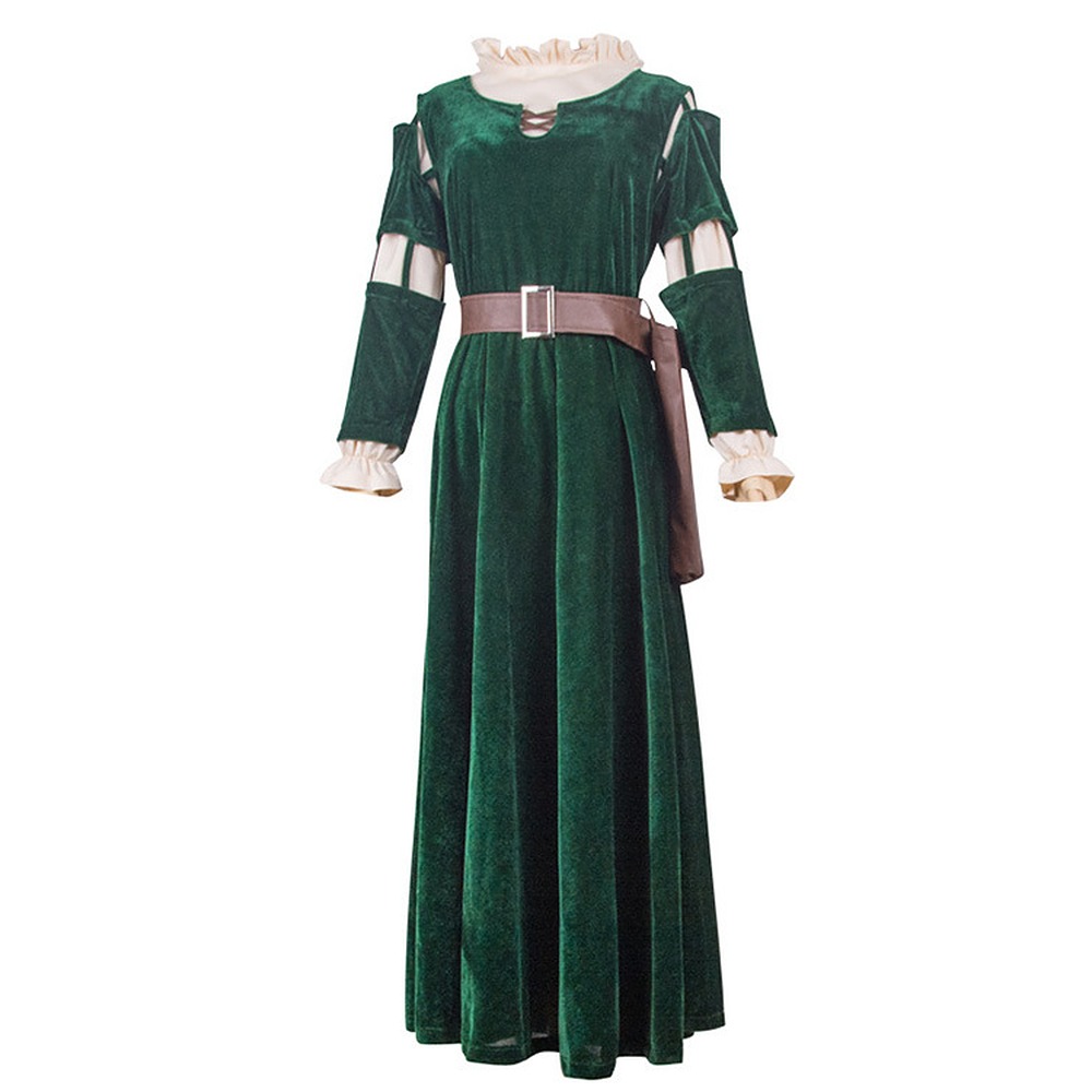 Merida cosplay costume dark green velvet dress with brown belt