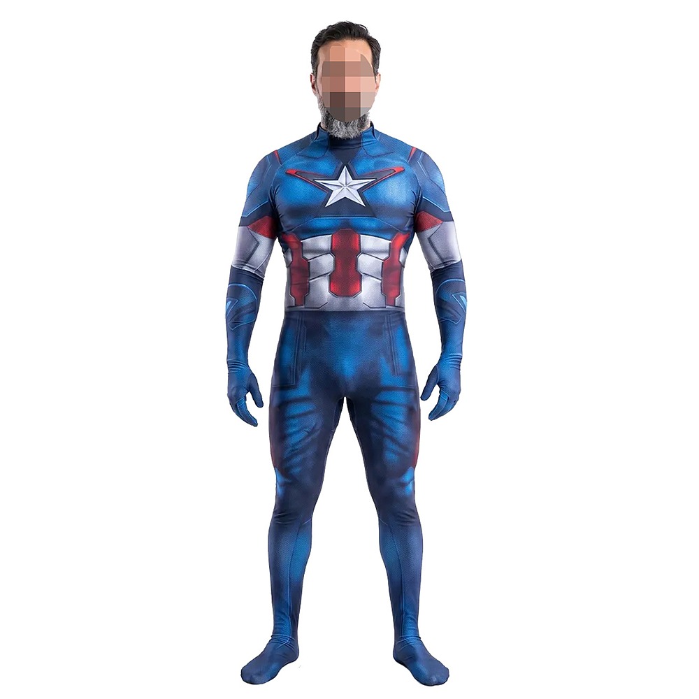 Captain America Avengers blue jumpsuit with white chest star and red and white stomach stripes