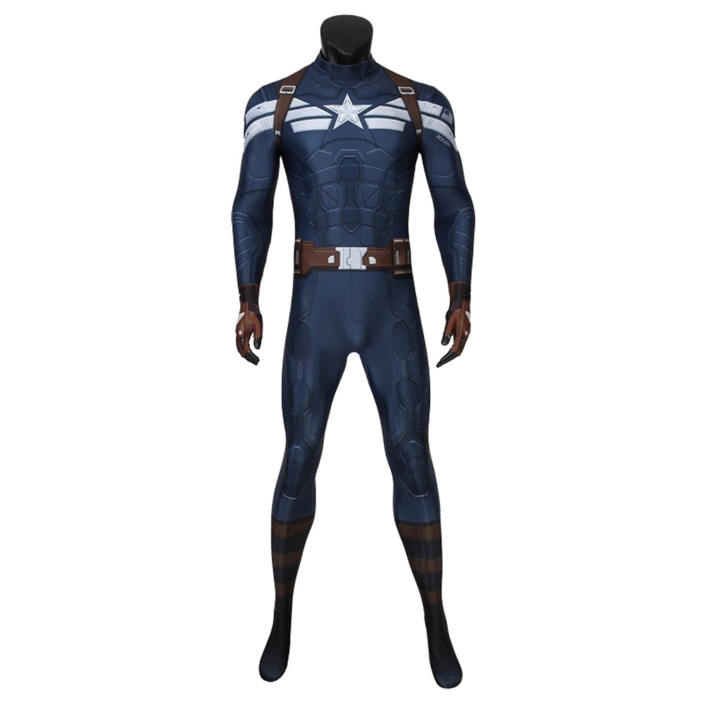 Captain America Winter Soldier navy stealth jumpsuit with silver star and printed harness