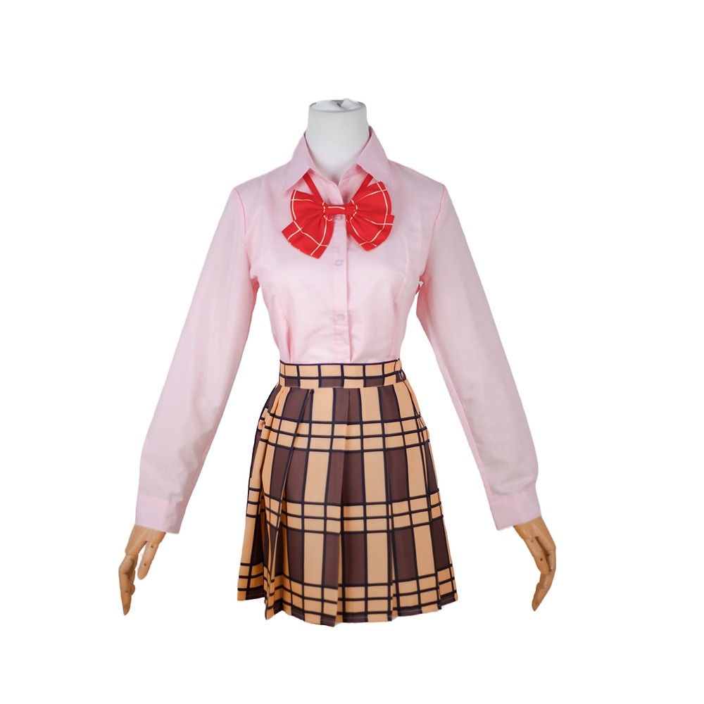 Yuzu Aihara pink shirt and red bow school uniform cosplay, front view