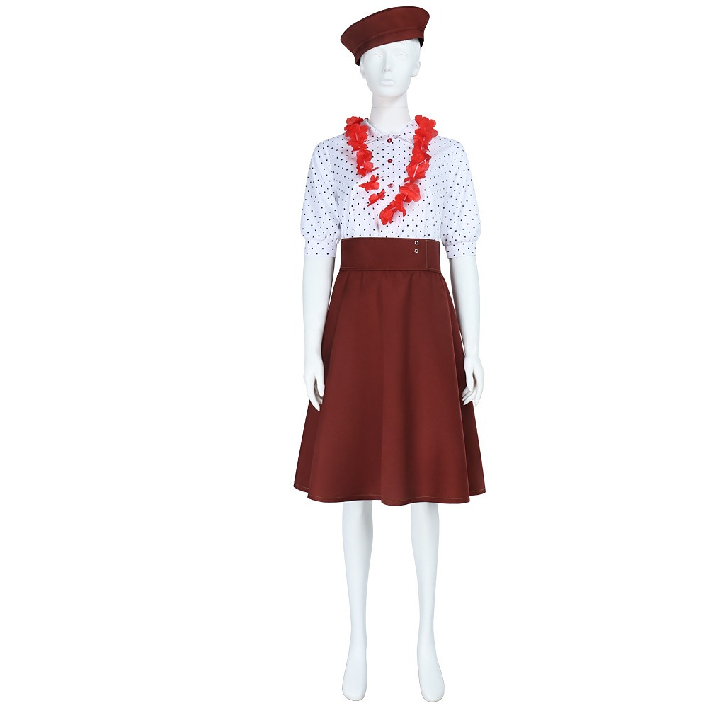 Sophie cosplay costume from Clair Obscur Expedition 33 with white polka-dot blouse, burgundy skirt and red beret