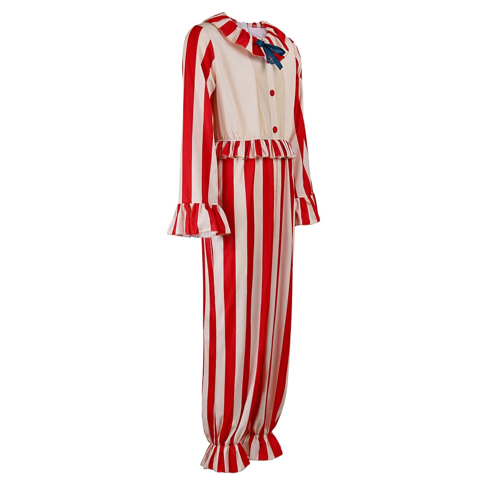 Frendo the Clown red and white striped ruffle jumpsuit with bow, front view
