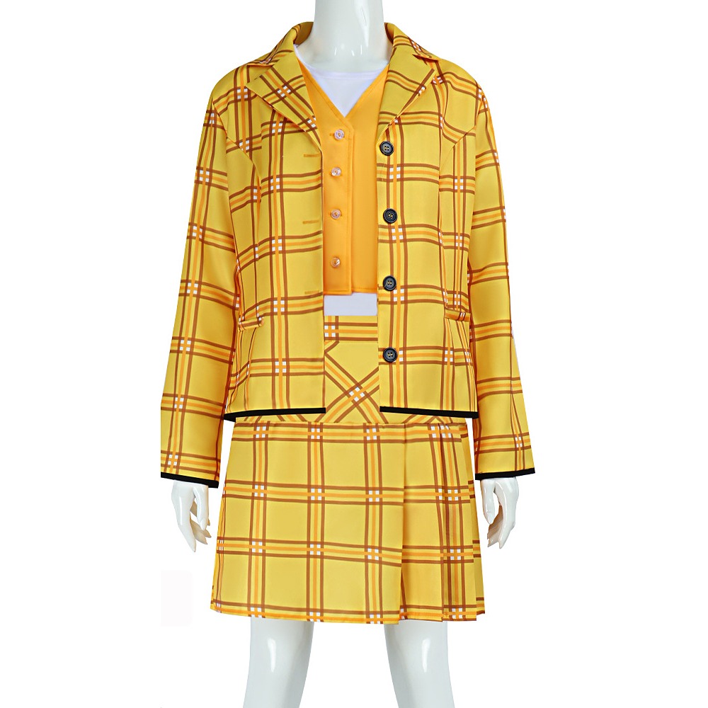 Clueless Cher Horowitz cosplay costume in deep yellow plaid blazer, vest and mini skirt
