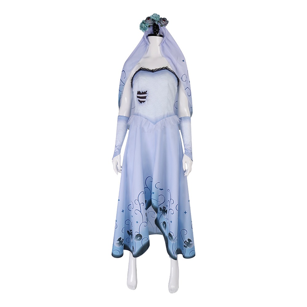 Corpse Bride Emily cosplay costume in pale blue tattered wedding dress with flower veil