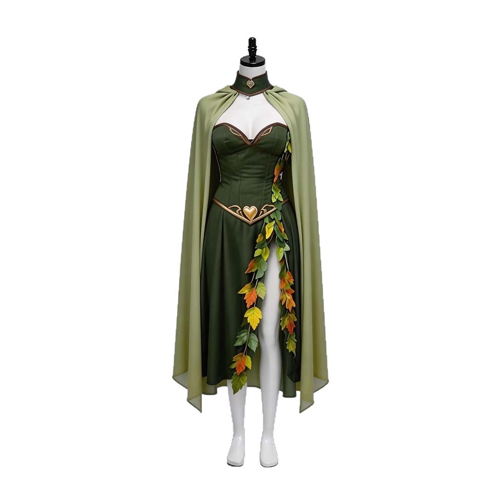 Keyleth cosplay costume with deep green leaf dress and light chiffon cape