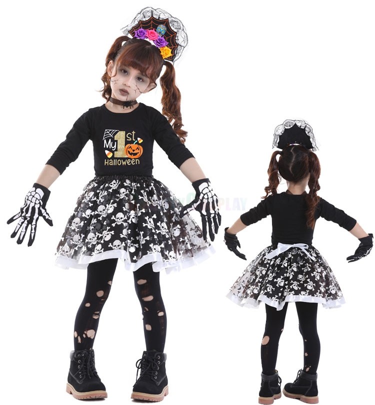Halloween Children's Costume Skeleton Ghost Doll Cosplay Puffy Skirt Set