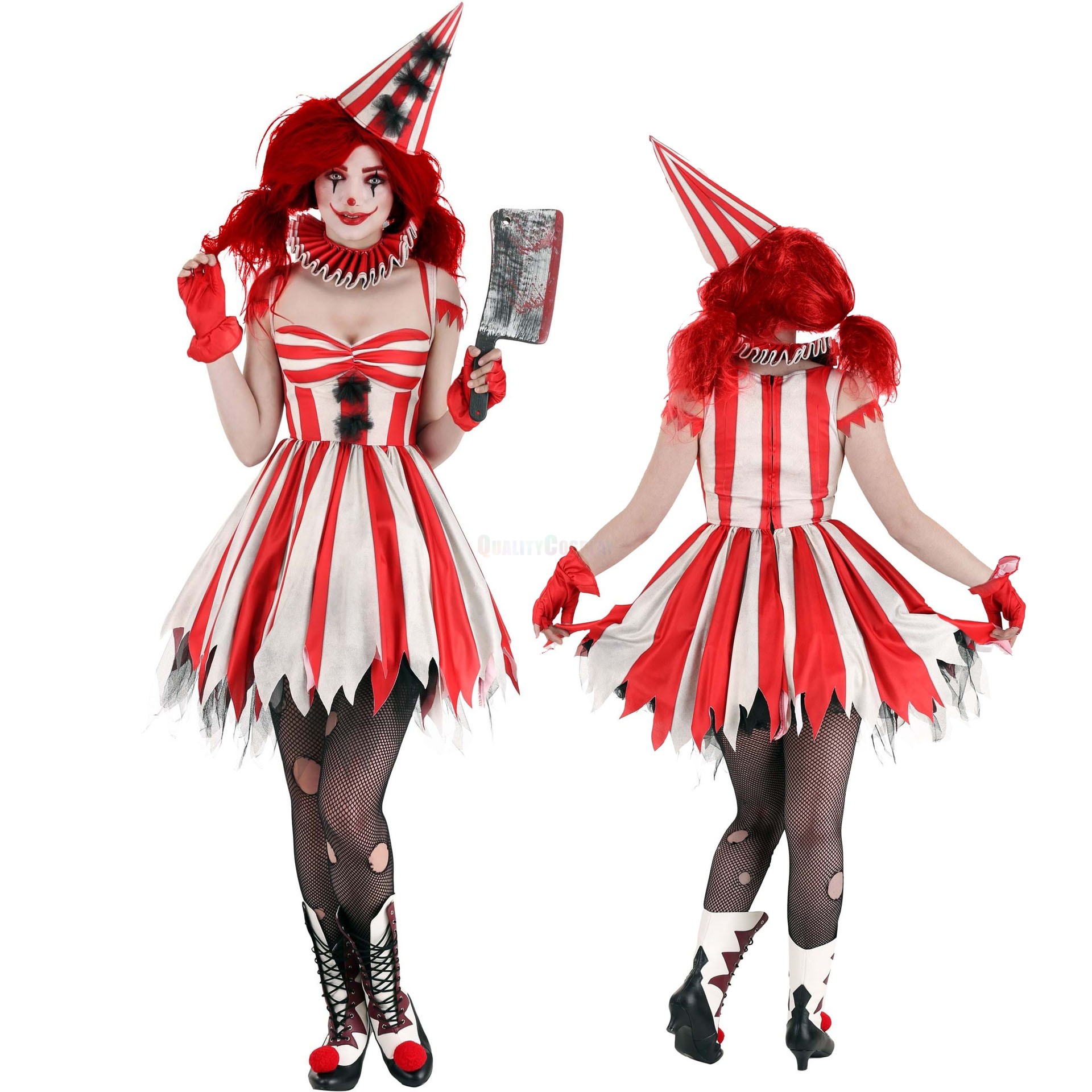 Vintage Clown Lady Costume Grey and Red Dress with Neck Ruffle