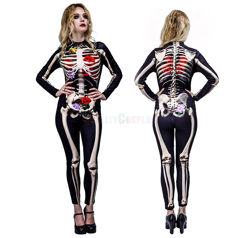 Halloween Adult Women's Terrifying Rose Skull Ghost Bone Onesie Suit