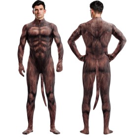 Brown Bear Muscle Lines Printed Jumpsuit with Tail For Halloween Adults Costumes