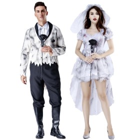 Hallween Creepy Cemetery Ghost Bride & Groom Couple Matching Cosplay Costume