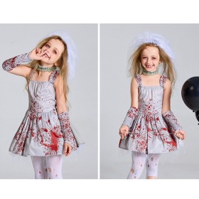 Children's Halloween Costume Grey Blood Ghost Bride Cosplay Puffy Dress