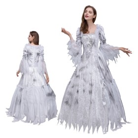 Retro Square-neck Tulle Long Dress Halloween Ghost Bride Cosplay Costume