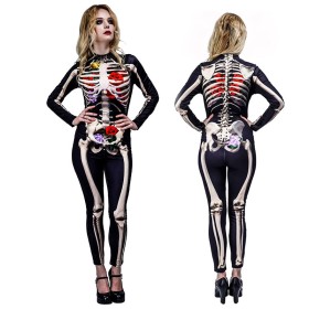 Halloween Adult Women's Terrifying Rose Skull Ghost Bone Onesie Suit
