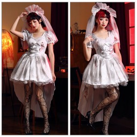 Halloween White Vampire Ghost Bride Blood Cosplay Costume