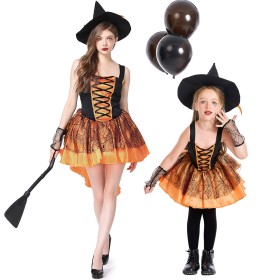  Halloween Parent-child Costume Orange Witch Pumpkin Slip Dress