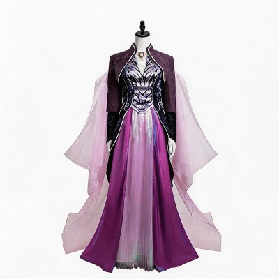 Agatha All Along Agatha Harkness Cosplay Costume Purple Gown With Brocade Jacket And Sheer Pink Drapes