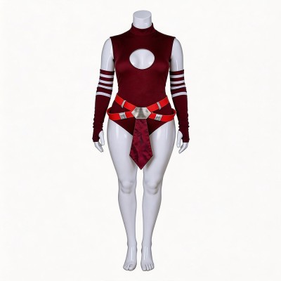 Star Wars Ahsoka Tano Inspired Plus Size Cosplay Costume Maroon Keyhole Bodysuit With Striped Sleeves And Belt