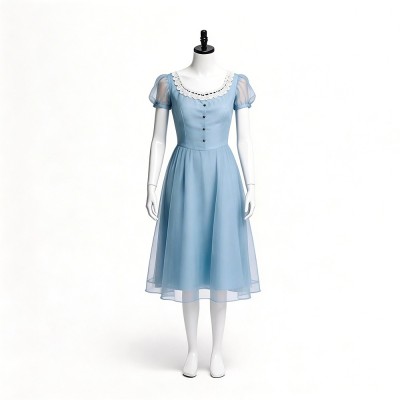 Alice In Wonderland Alice Cosplay Costume Light Blue Puff-Sleeve Tulle Dress With White Collar