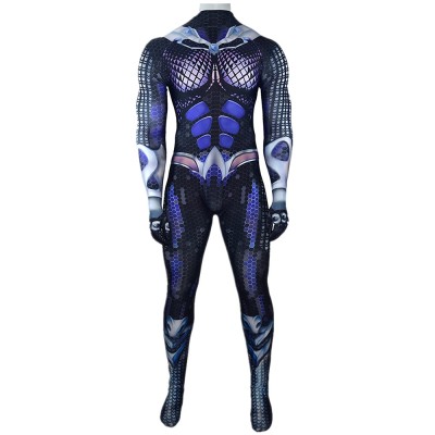 Aquaman Cosplay Costume Dark Blue Atlantean Scale Printed Jumpsuit For Men Women And Kids