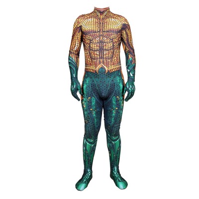 Aquaman And Mera Cosplay Bodysuit Gold And Green Scale Printed Suit Men Women And Kids