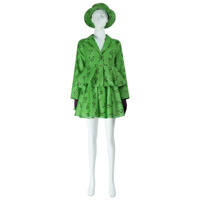 Batman The Riddler Female Cosplay Costume Green Question Mark Jacket Skirt And Hat
