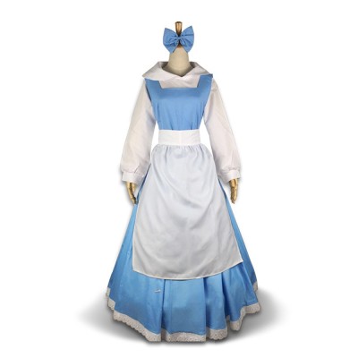 Beauty And The Beast Belle Cosplay Costume Blue Village Dress With White Apron And Hair Bow For Women