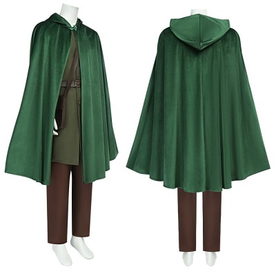 Lord Of The Rings Bilbo Baggins Cosplay Costume Green Hooded Cloak With Leaf Brooch Or Full Set With Tunic Pants Bag And Belt