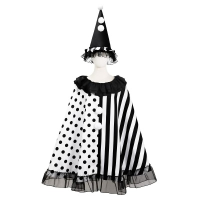 Black And White Clown Witch Cape Halloween Costume With Pointed Hat