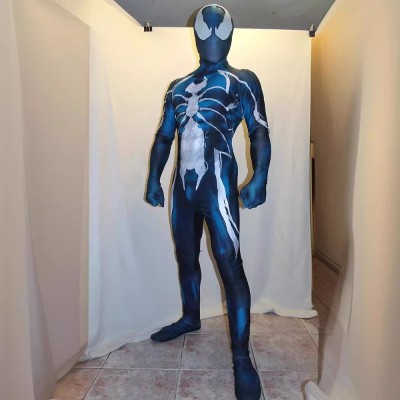 Blue Symbiote Spider-Man Cosplay Costume Muscle Print Jumpsuit With Hood For Men Women And Kids